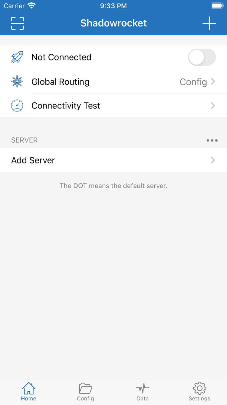 Shadowrocket's Home screen, showing the Not Connected switch, Global Routing, Connectivity Test, SERVER, and Add Server