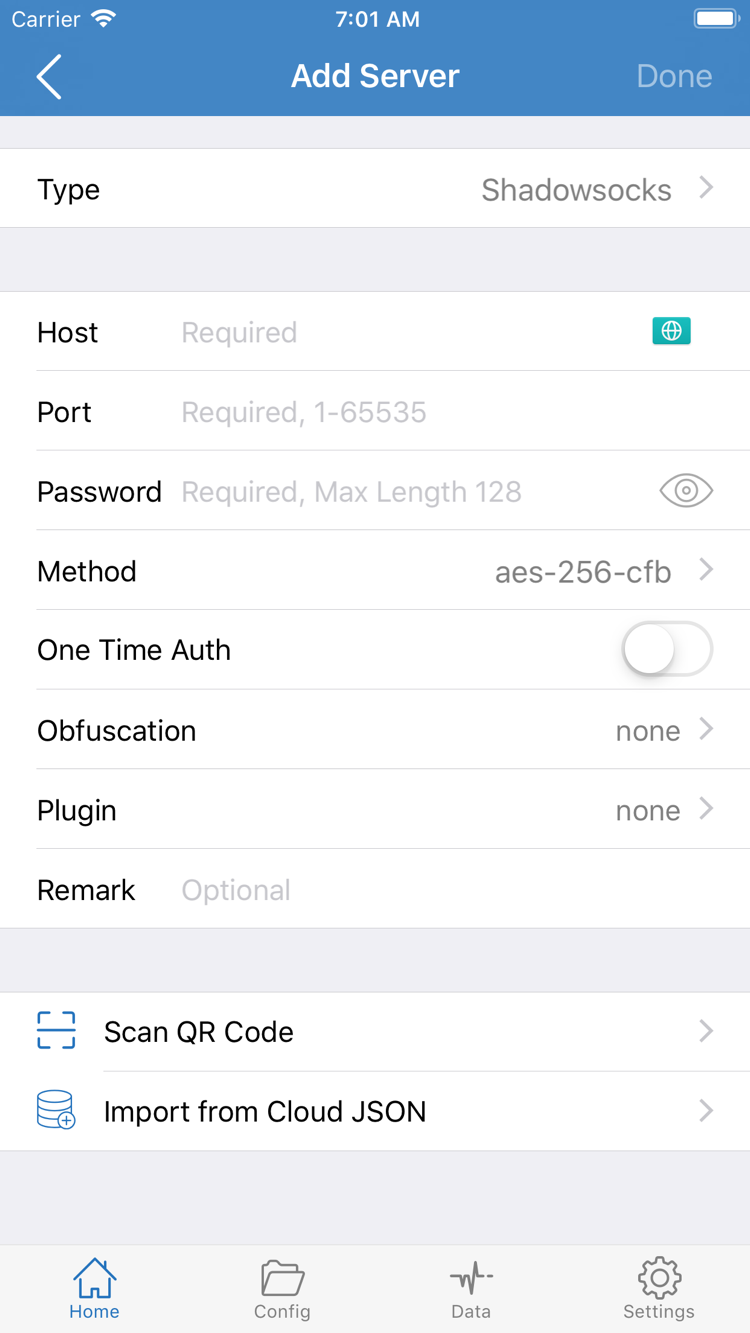 Shadowrocket's Add Server screen, showing Type, Host, Port, Password, Method, Scan QR Code, and Import from Cloud JSON