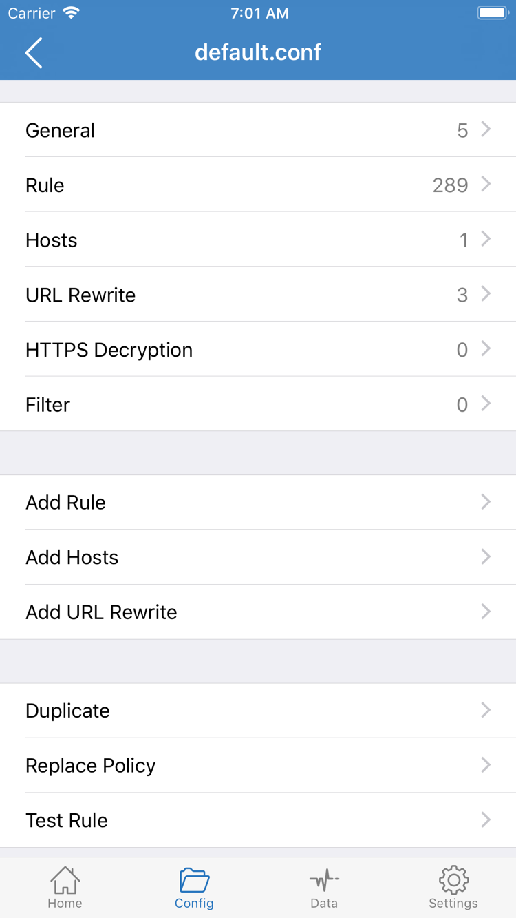Shadowrocket's Config editor, listing General, Rule, Hosts, URL Rewrite, HTTPS Decryption, and Add Rule